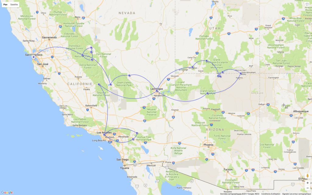 map google de notre road trip aux USA en 2017