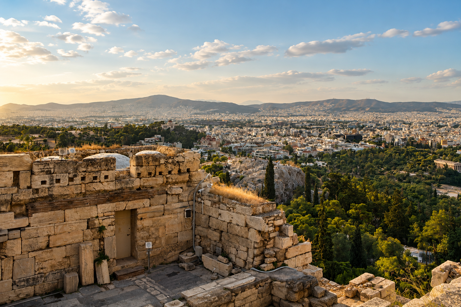 Vue panoramique sur Athènes depuis l'Acropole en fin de journée avec les collines et la ville s'étendant à perte de vue.