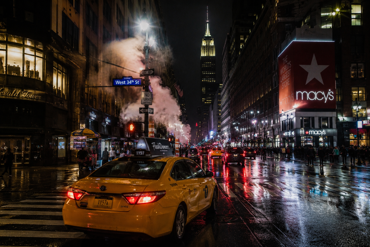 Yellow cab dans les rues de Manhattan à New York de nuit