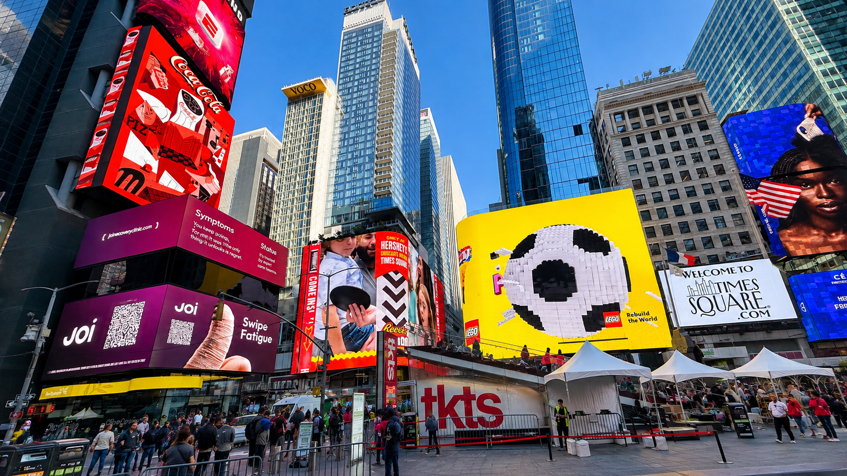 Times Square à New York en journée avec ses écrans géants et ses buildings